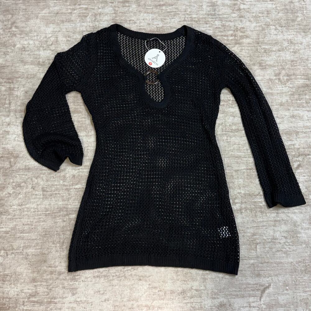 Anrabess Women’s Small Black Crochet Swimsuit Coverup Dress Long Sleeve Plunging